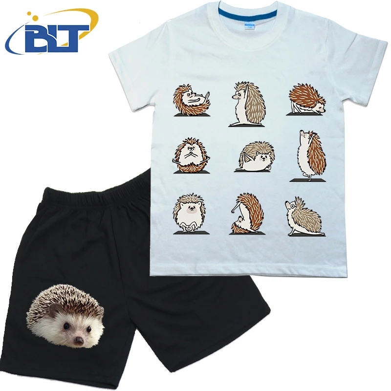 Hedgehog Yoga printed kids T-shirt set summer children's cotton short-sleeved shorts 2-piece set for boys and girls