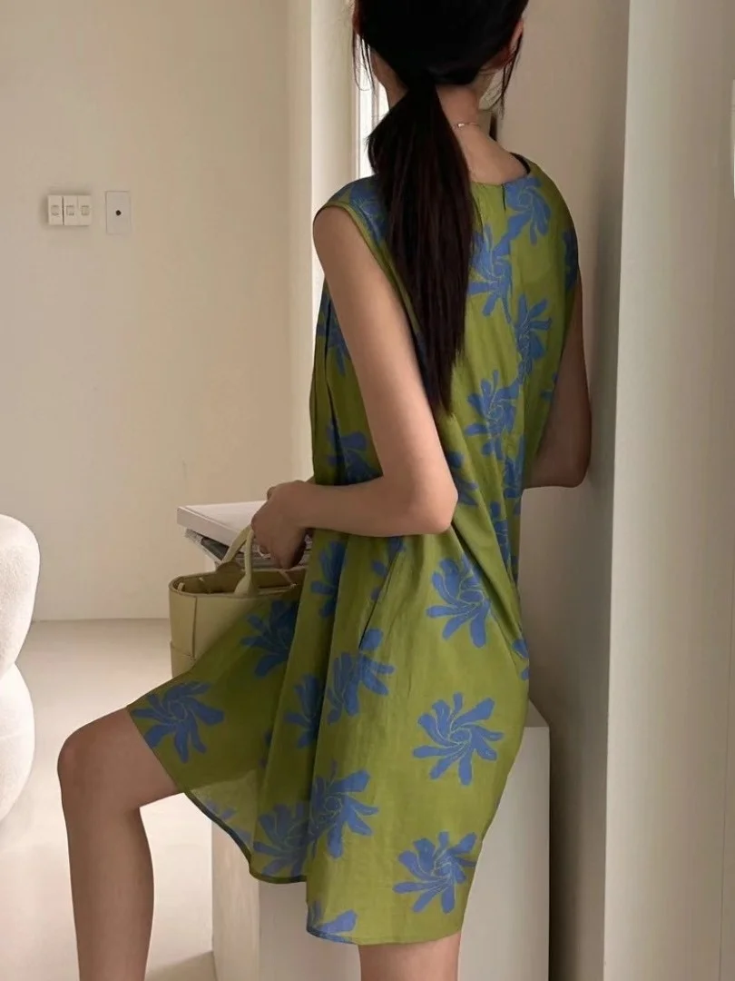 

Summer New Sle Women's Loose Svel V-ne Floral Pleated Vest Dr Vintage Anti-aging ort Skirt Printed Dr