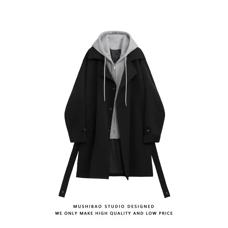 Windbreaker men's mid-length spring, autumn and winter casual Korean fake two-piece over-theknee hooded coat coat high-end trend