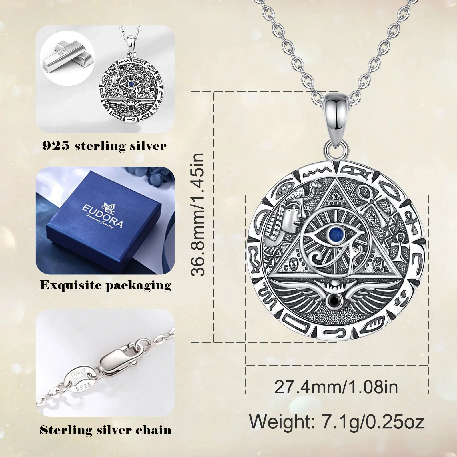 Eudora 925 Sterling Silver Egypt Pyramid All Seeing Evil Eye Illuminati Necklace Egyptian Cross Amulet Pendant Man Women Gift