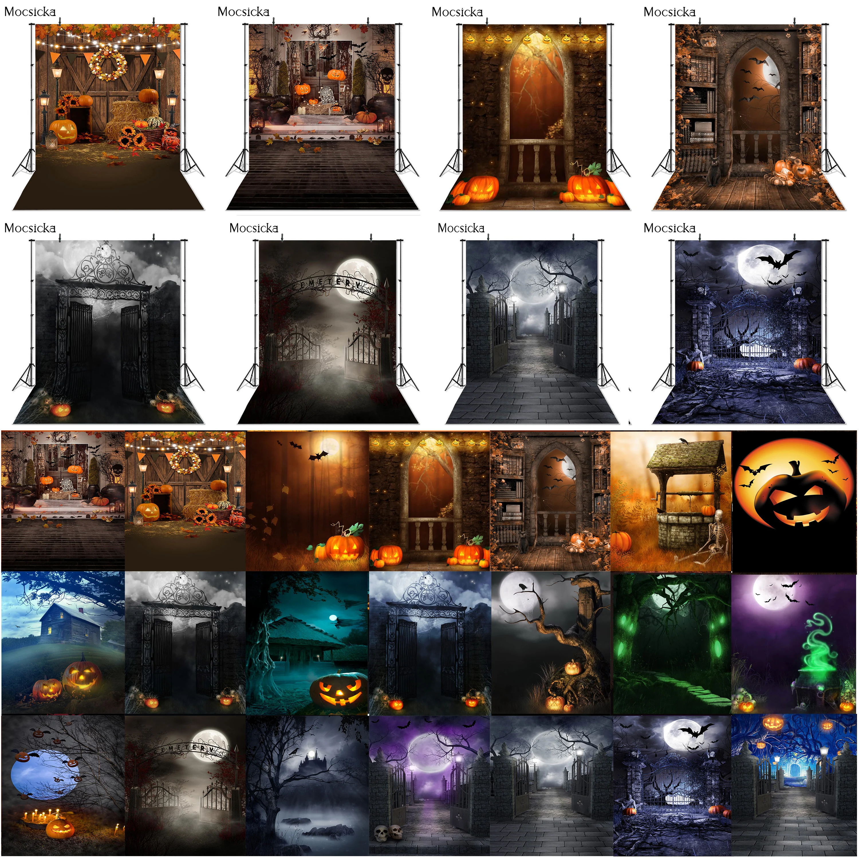 Halloweenowe zdjęcie tło lampy w kształcie dyni horroru cmentarz wampirów zamek fotograficzny tło przyjęcie świąteczne baner dekoracyjny