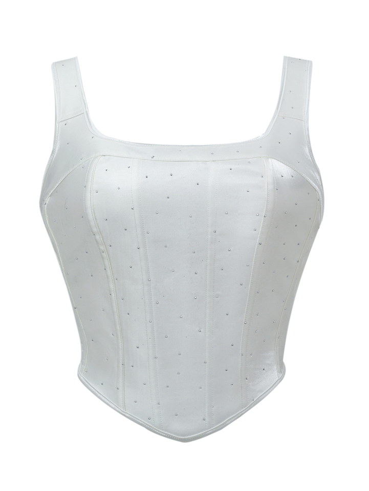 Women's White Satin Corset Top Rhinestone Studded Square Neck Wide Straps Back Lace Up Bustier