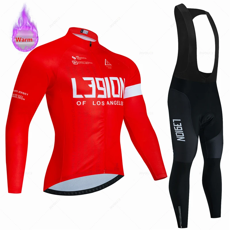 Winter Red Team Cycling Jersey Set for Men, Thermal Fleece Clothing, Outdoor MTB Bike Bib Pants, New, L39ion