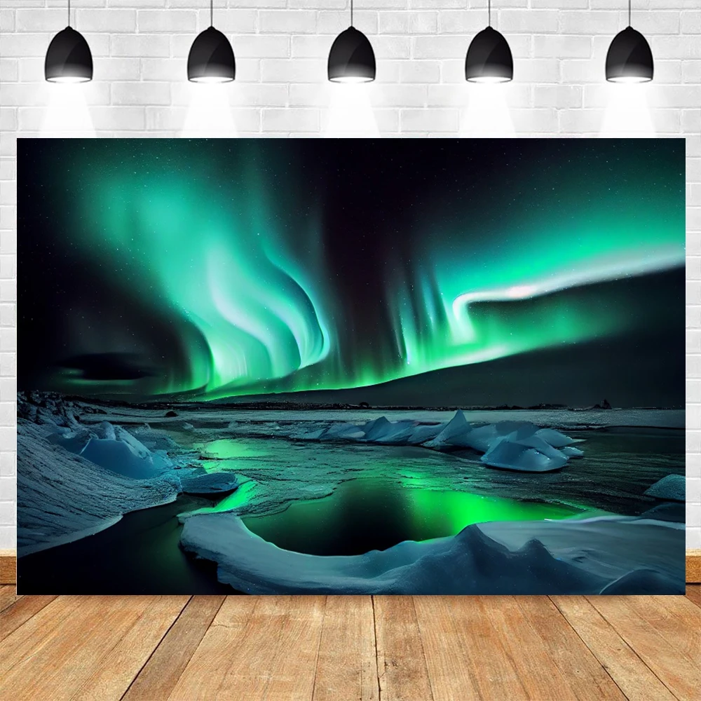الشتاء أورورا ليلة المشهد الطبيعي خلفية القطب الشمالي الثلوج توج الجبال بحيرة السماء المرصعة بالنجوم المشهد خلفية التصوير الدعائم