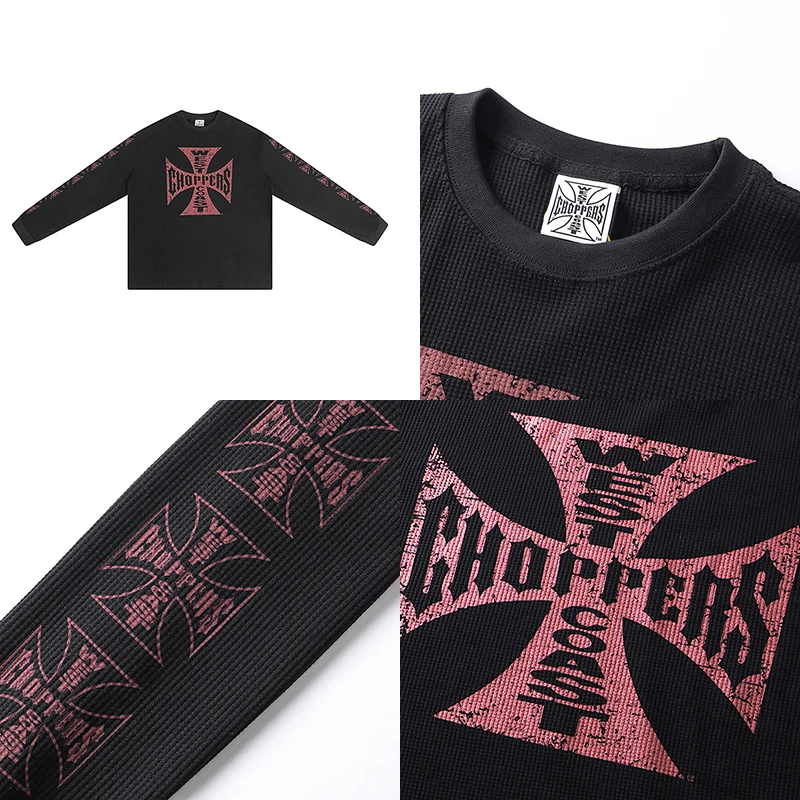 

Waffle Fabric West Coast Choppers T-shirt Sanskrit Letter Iron Cross Print WEST COAST Long Sleeve Men Women Retro Y2K T Shirts