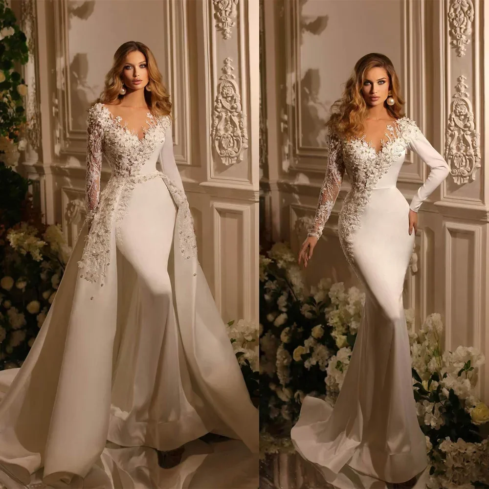 Anpassen Luxus Abnehmbare Schleppe Brautkleid Satin Mit Stickerei Meerjungfrau Braut Kleid Volle Hülse O-ansatz Vestido De Novia
