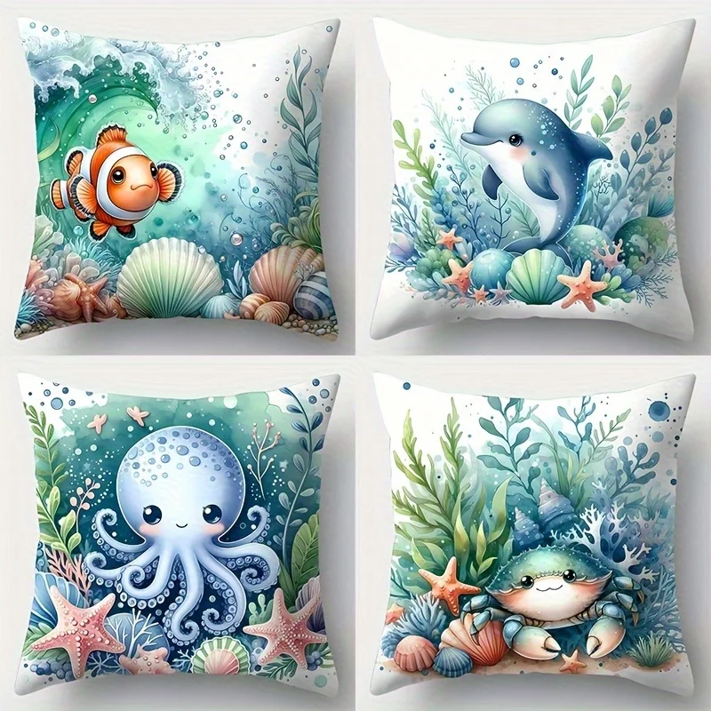 Set of 4 Decorative Pillow Covers, Ocean Animal Theme featuring Octopus, Crab, and Dolphin Designs