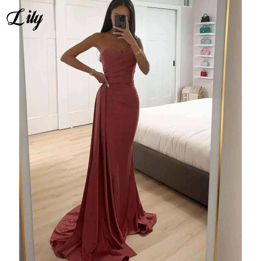 

Lily Brick Red Sexy Prom Dresses Sweetheart One Shoulder Prom Gown Satin Sleeveless Formal Gown for Woman robe soirée Customized