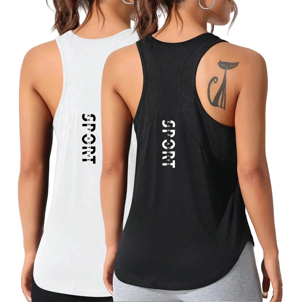 Sommer-Sport-Tanktops mit Buchstaben-Print für Damen, schnelltrocknend, atmungsaktiv, weich, ärmellos, für Fitness und Sport.