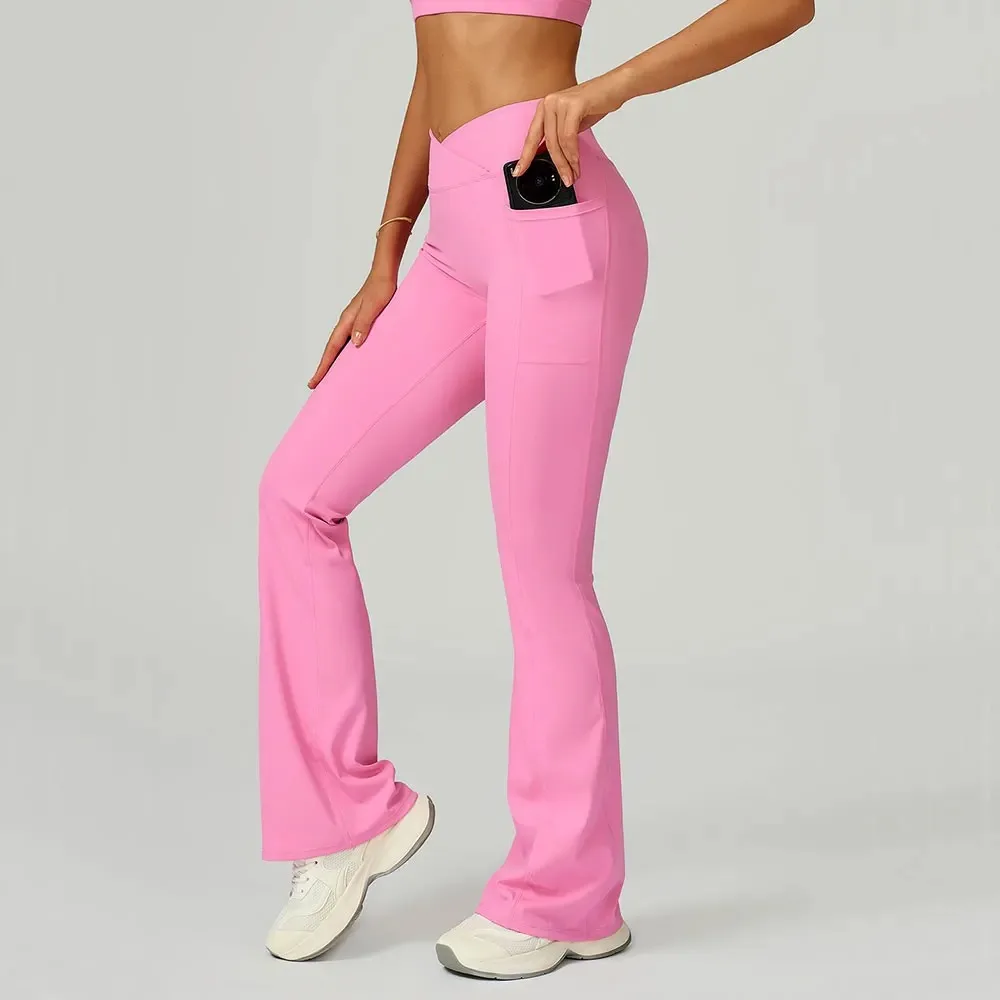 

Flare Leggings Women Yoga Pants Bell-bottoms High Waist Fitness Trouser Stretch Cross Waist Gym Sport Wide Leg Pants With Pocket