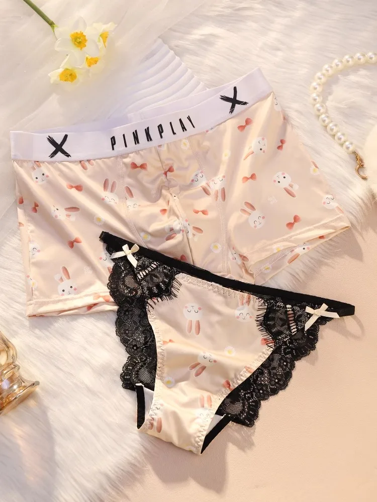 New Year Couple Matching Panties Sexy Lace Cute Bow Tie Rabbit Print Women Panties and Men Boxer Shorts Two Piece Sets Lingerie