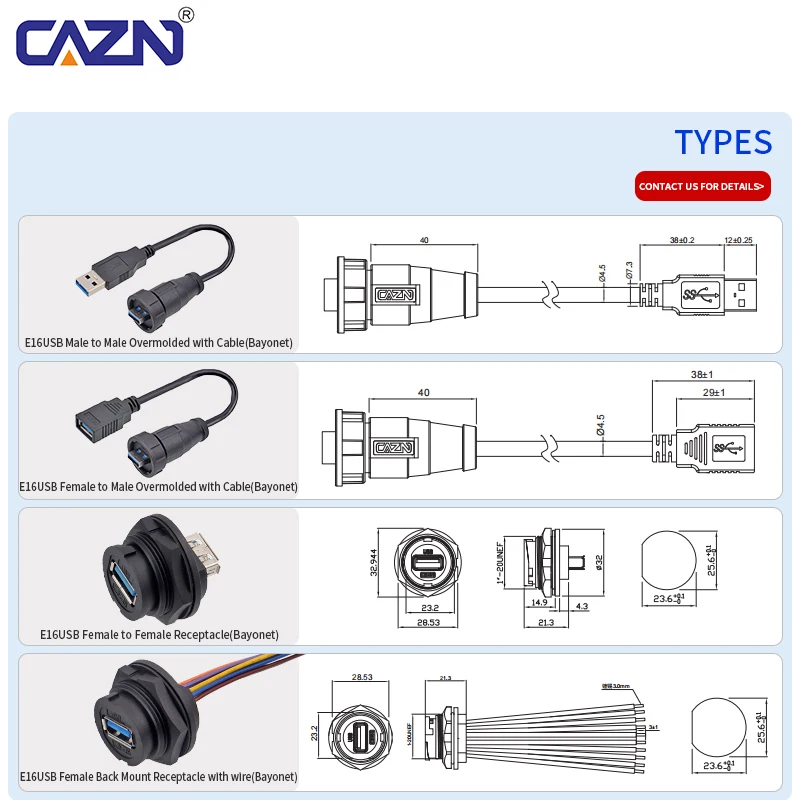 USB 3.0 Bayonet Extension Cable E16 Quick Lock Panel Mount Female Male IP67 for Outdoor Equipment & Interactive Display