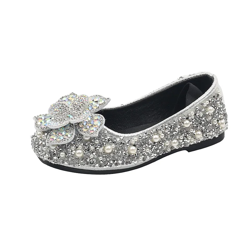 Children Spring Autumn Princess Rhinestones Flowers Sequins Girls Ladies Laser Pearls Performance Dance Shoes Girls Single Shoes