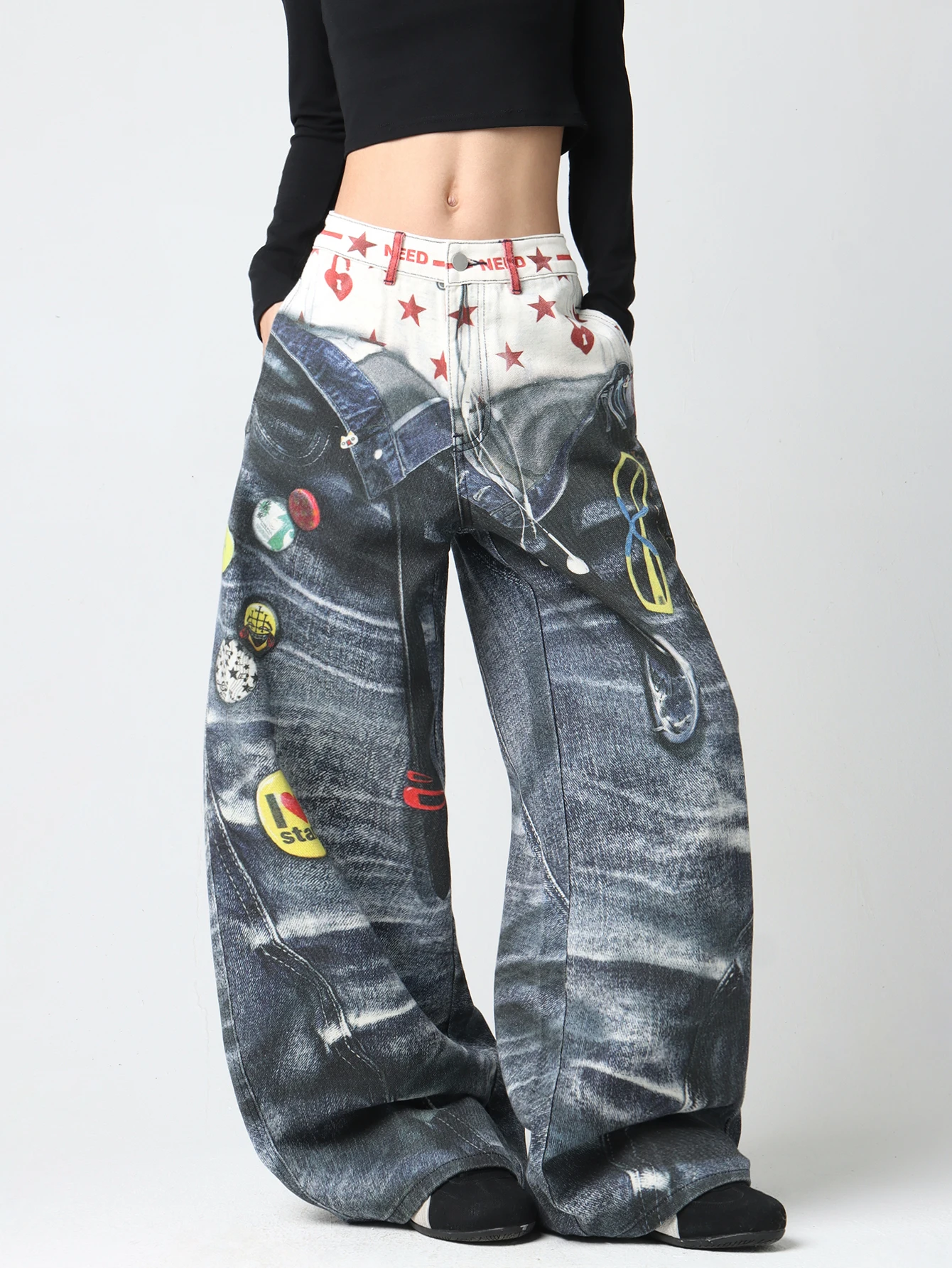 1 Pc American-Style Design Double Waistband Digital Printing Loose Jeans, Street Fashion And Versatile Wide-Leg Pants