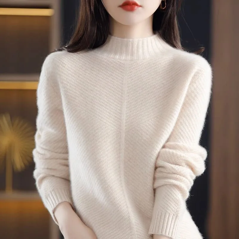 New Autumn/Winter Fashion Trend Solid Color Half High Neck Thickened Loose Versatile Western Style Slim Women\'s Knitted Sweater