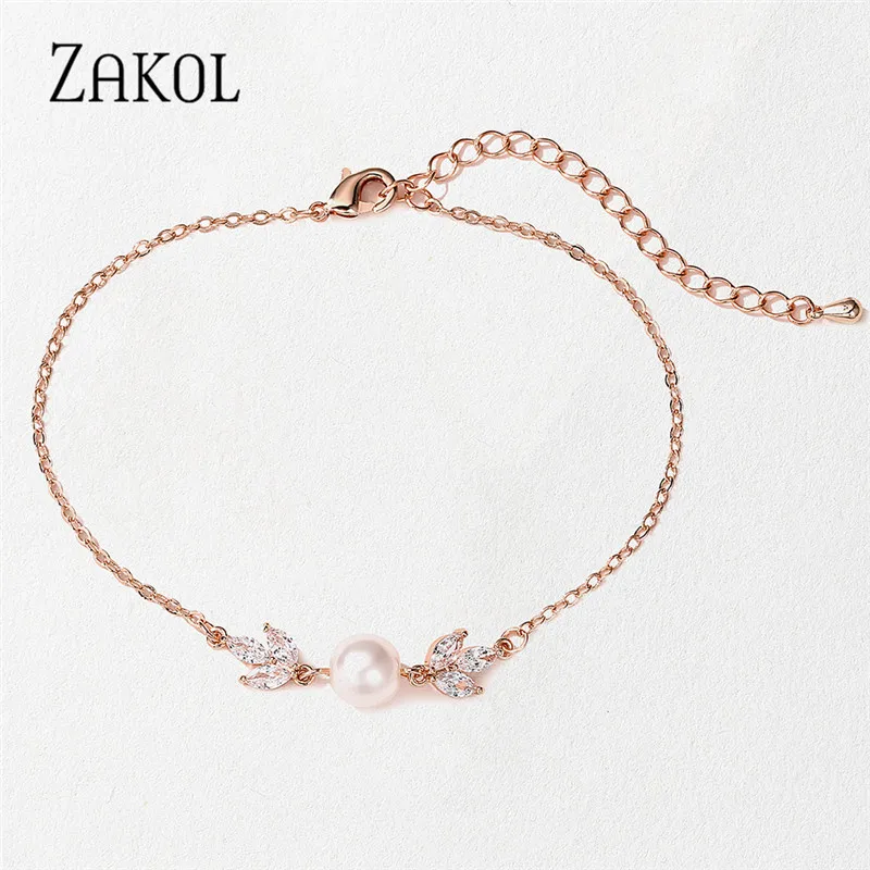 ZAKOL Fashion Leaf Cubic Zirconia Adjustable Bracelets for Women White Imitation Pearls Bridal Wedding Jewelry Gifts BP2249