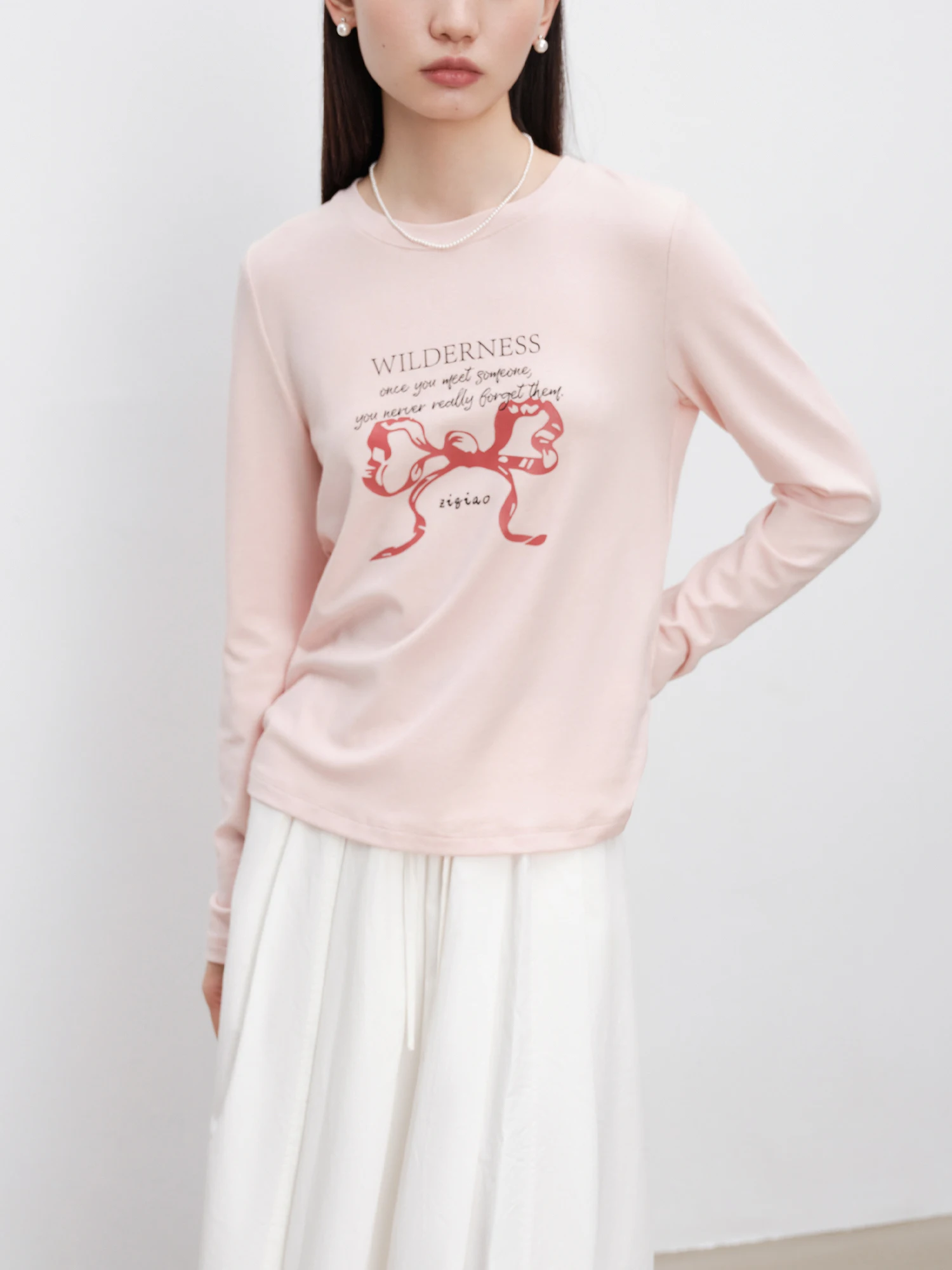 ZIQIAO 16.3% Wool Women Pink Long Sleeve Pullover Tops Autumn New Front Shoulder Female Round Neck Print Pullover 24ZQ93149