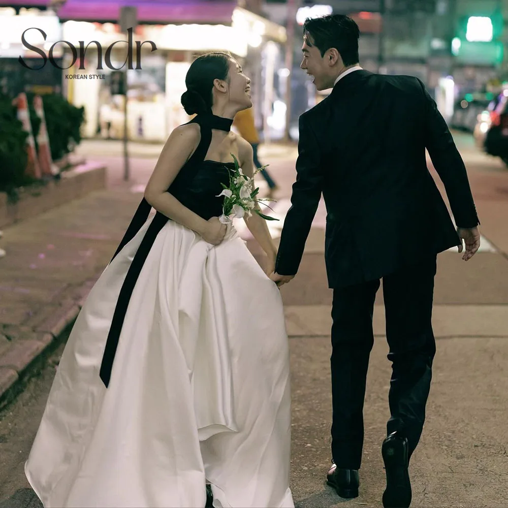 

Sondr Simple Korean Wedding Snap Dresses Black and Ivory Satin Evening Party Dresses Customized Self-Wedding Photo Shoot Dresses