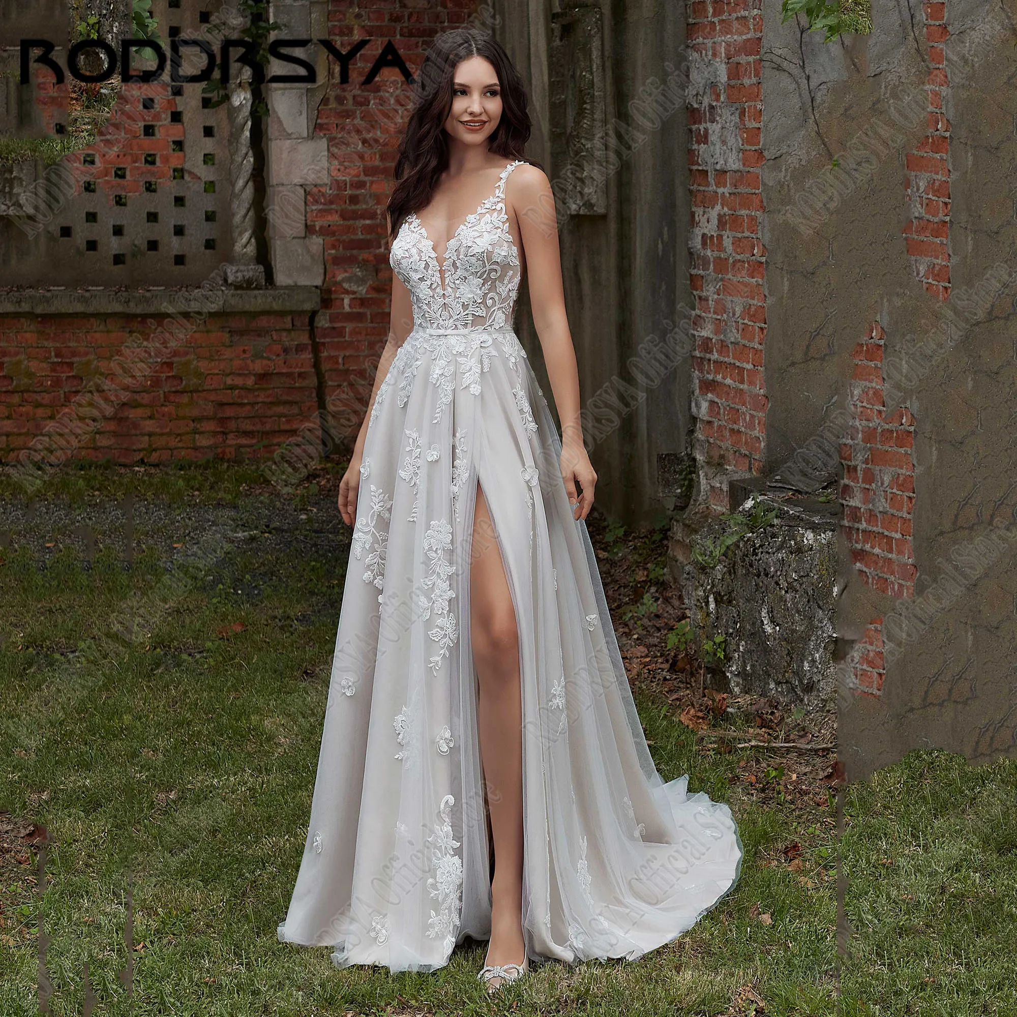 RODDRSYA-vestido De Novia De encaje bohemio, traje con tirantes finos, cuello en V, Espalda descubierta, apliques De Novia, corte en a lateralVestido de novia de encaje bohemio roddrsya correa de pasta de cuello V calc