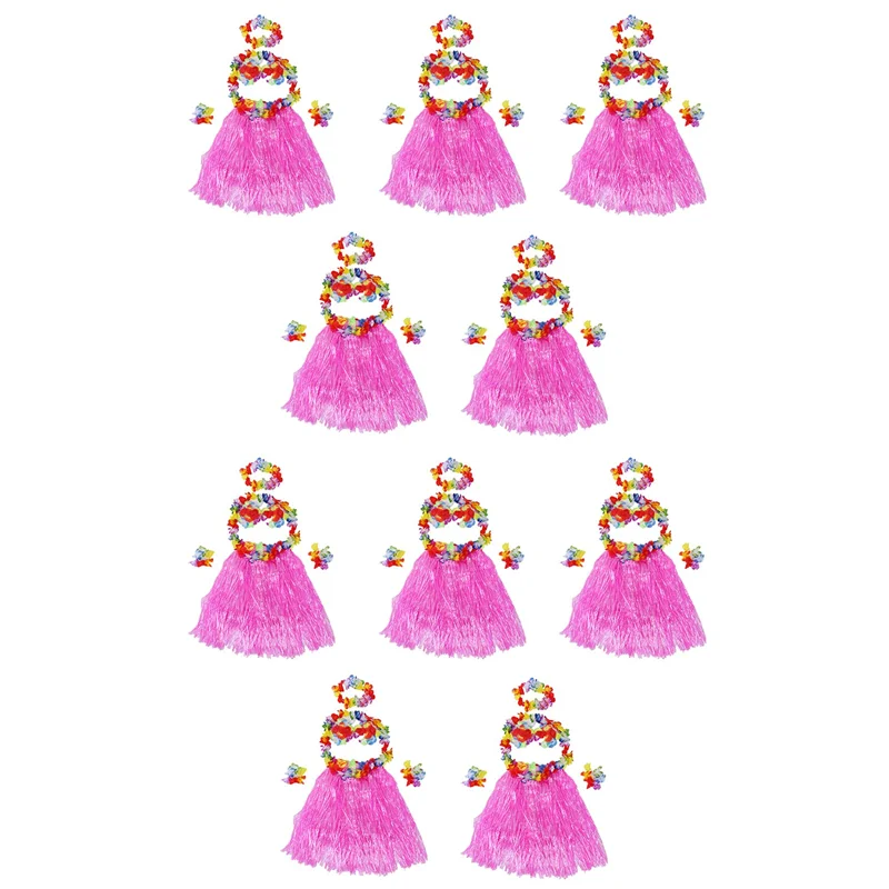ABRT-18 Set Hawaiianischer Grasrock Blume Hula Lei Armband Girlande Kostüm – Rosa