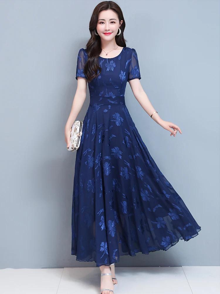 Vintage Blue Clothes For Women 2023 Maxi Dress Chiffon Floral Party Elegant Boho Summer Korean Fashion Long Chic Evening Dresses