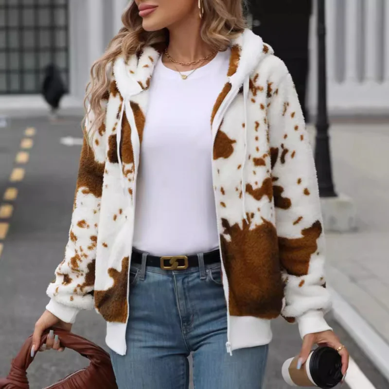 

Autumn Winter New European and American Women's Clothing Hooded Zipper stuffed Printed Cardigan Coat