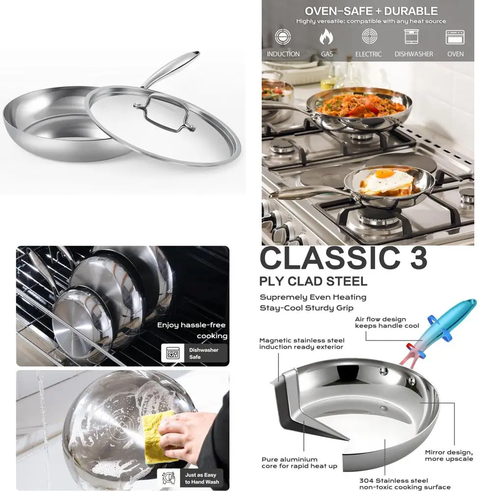 

10-дюймовая сковорода из нержавеющей стали — 3-слойная сковорода с алюминиевым сердечником для выравнивания распределения тепла и профессионального приготовления пищи