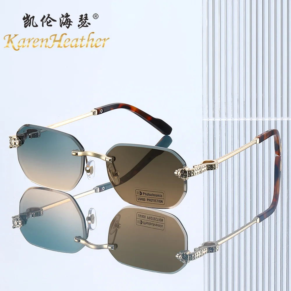 

2026 Frameless Square Sunglasses Men Leopard Head Metal Shades UV400 Photochromic Anti-UV Outdoor Driving INS Style Clear Lens