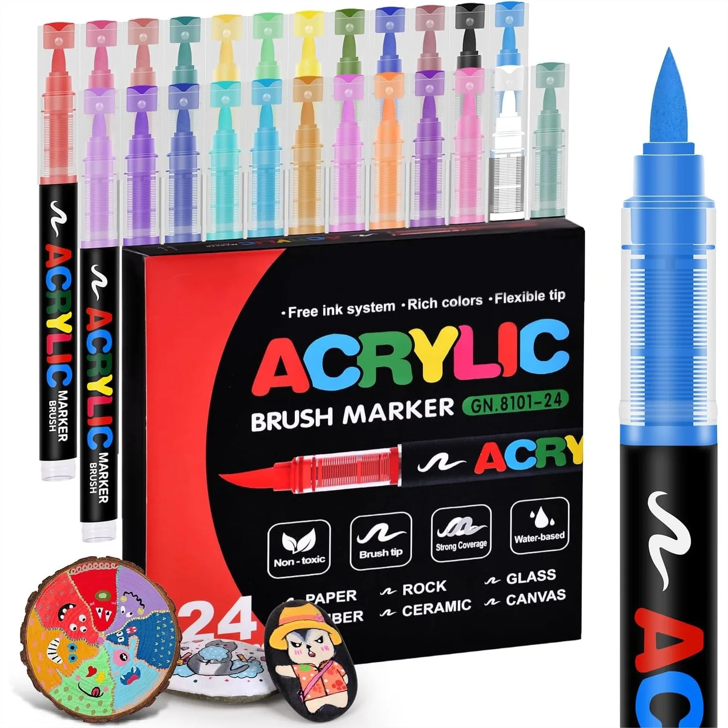 

Acrylic Paint Markers 24 Colors, Water-Based No-Bleed Pens with Automatic Ink Control for Wood, Canvas, Rock, Glass, and DIY