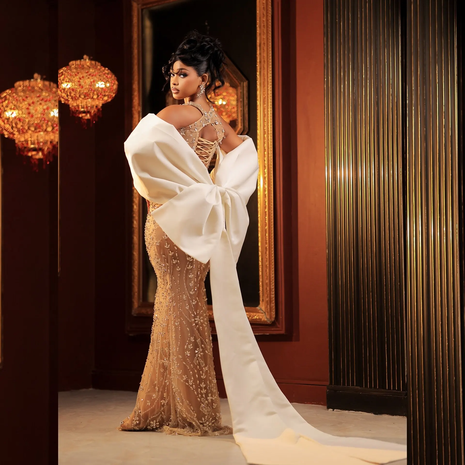 

Ivory Satin Bow Shawl with Long Tail – Elegant Luxury Evening Wrap, Summer Boho Trend, Beach Sarang Style, 2025 Hot Search