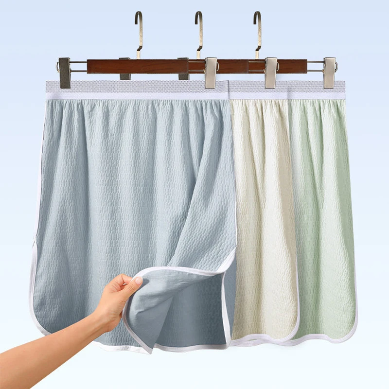 1pc Men Crinkle Fabric Sleep Shorts Elastic Waist Side Slit Loose Knee Length Pajama Bottoms Home Loungewear For Male