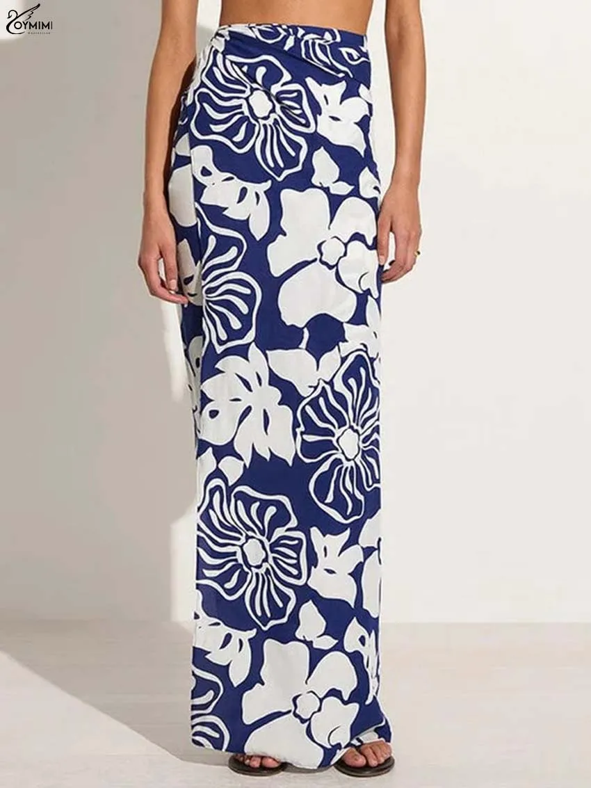 

Oymimi Fashion Blue Print Women's Skirt Elegant High Waisted Lace-Up Skirts Casual Straight Floor-Length Skirts Female Clothing