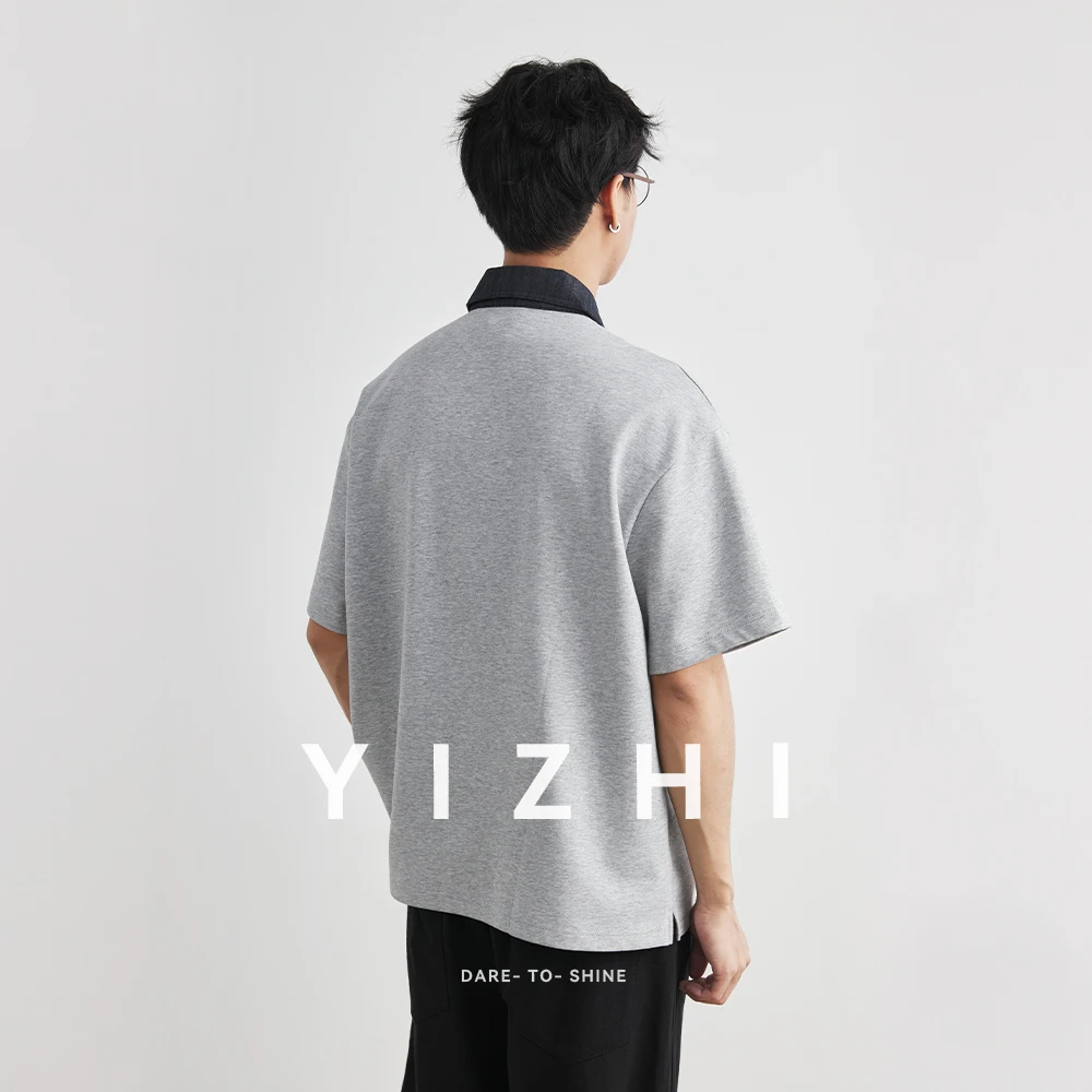 Men's Contrast Denim Lapel Spliced Fake Two-Piece Polo Shirt 2026 Summer Half Zip Loose Soft