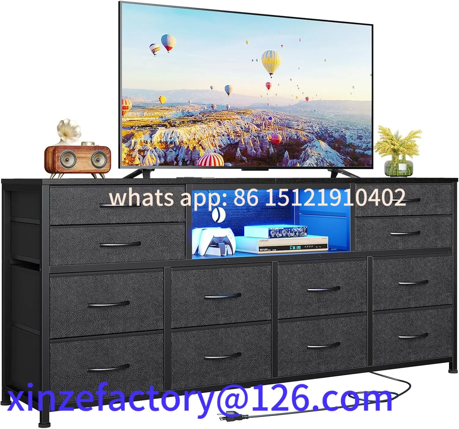 Cômoda de suporte de TV LED personalizável para quarto com tomadas de energia, centro de entretenimento de 55 polegadas