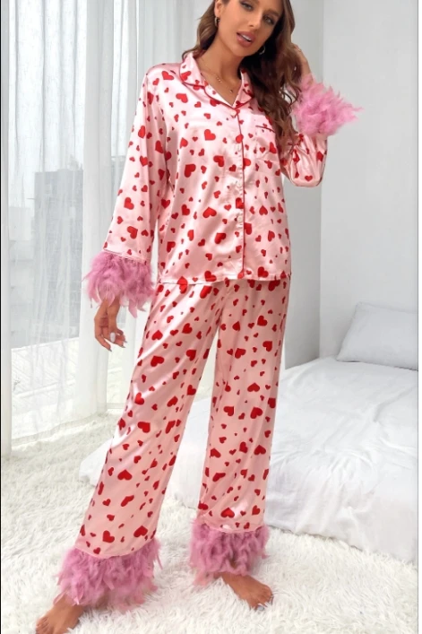 Women Satin Loungewear Set Heart Print Feather Cuff Long Sleeve Lapel Button Down Tops Pants Floral Home Suit Korean Pyjamas