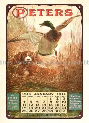 1914 Peters Calendar Dog Flushing Mallard ammo firearm hunting metal tin sign