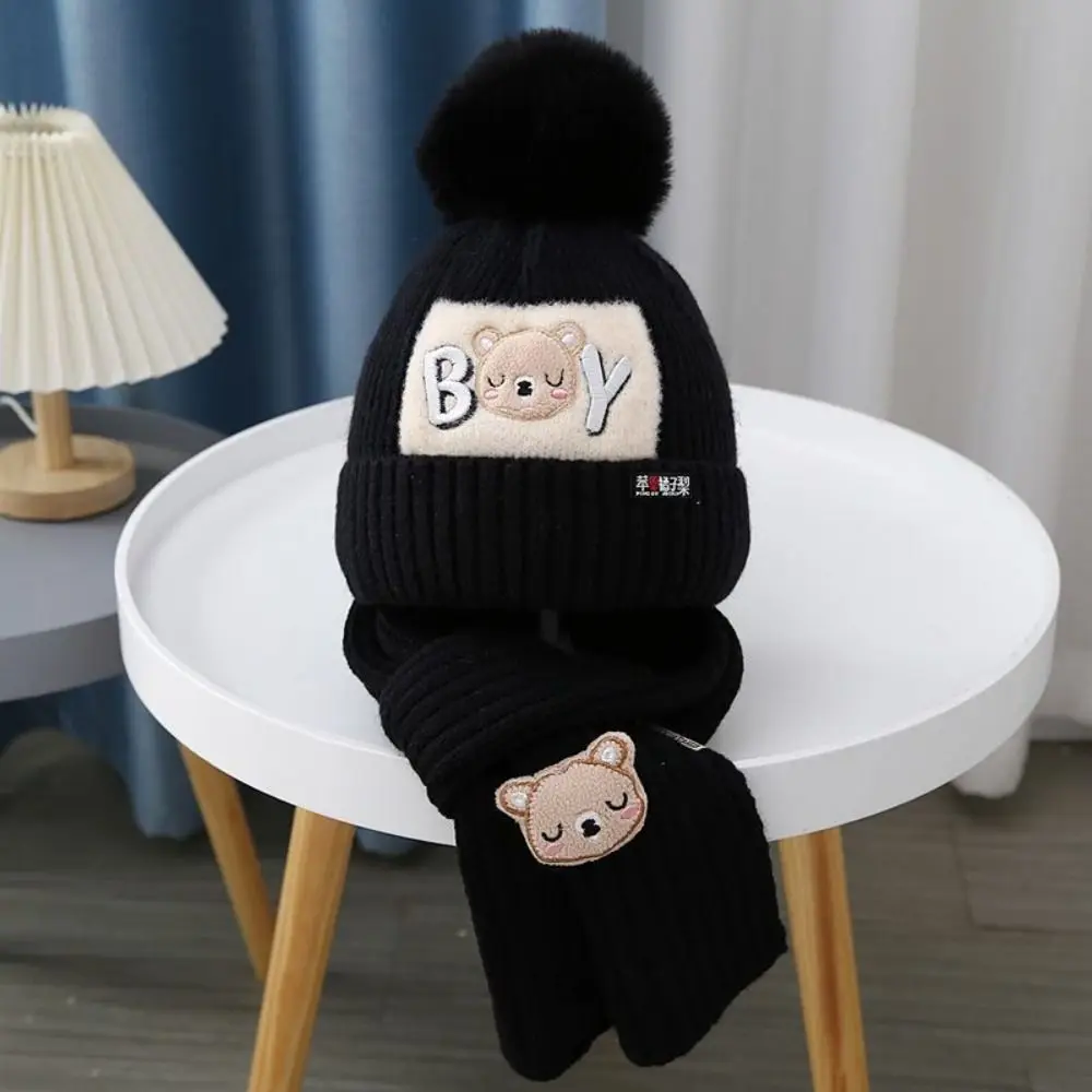 

Bear Baby Hat Scarf Set Neck Scarf Korean Style Kids Crochet Hat Solid Color Children's Ear Protection Hat Toddler