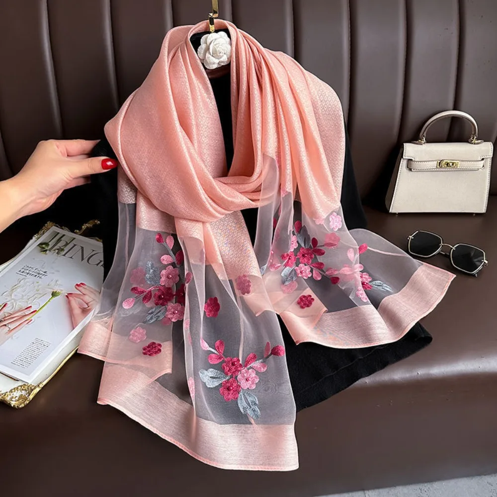

Elegant Soft Thin Luxury Silk Scarf Large Flower Embroidery Women Hijab Shawls Foulard Wraps Shiny Lace Scarf Female