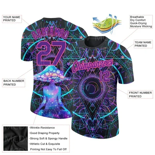 

Custom Black Purple-Pink 3D Pattern Design Magic Mushrooms Over Sacred Geometry Psychedelic Hallucination Performance T-Shirt