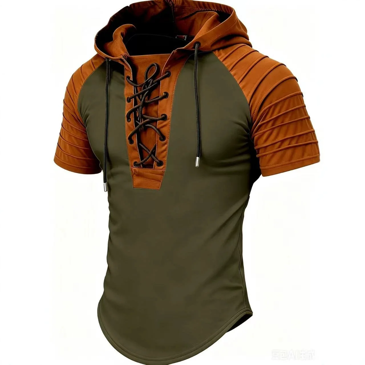 

2026 summer new European and American men's casual sports polo shirt with folded arms, hooded drawstring top for men