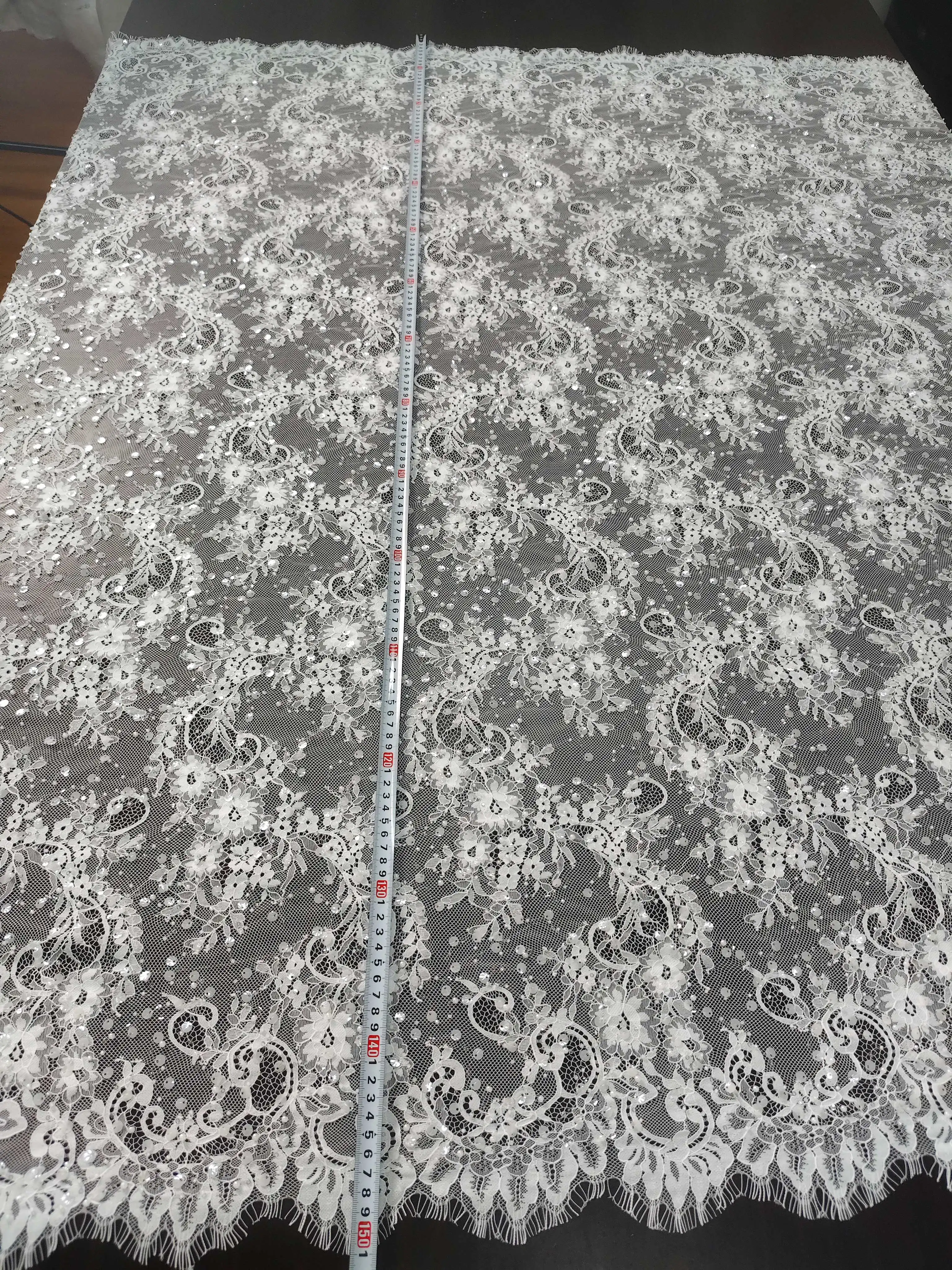 Ivory Bead Sequined Eyelash Sparkly Floral Chantilly Lace Fabric Embroidery Tulle Lace for Wedding Dress Veil Evening Gown