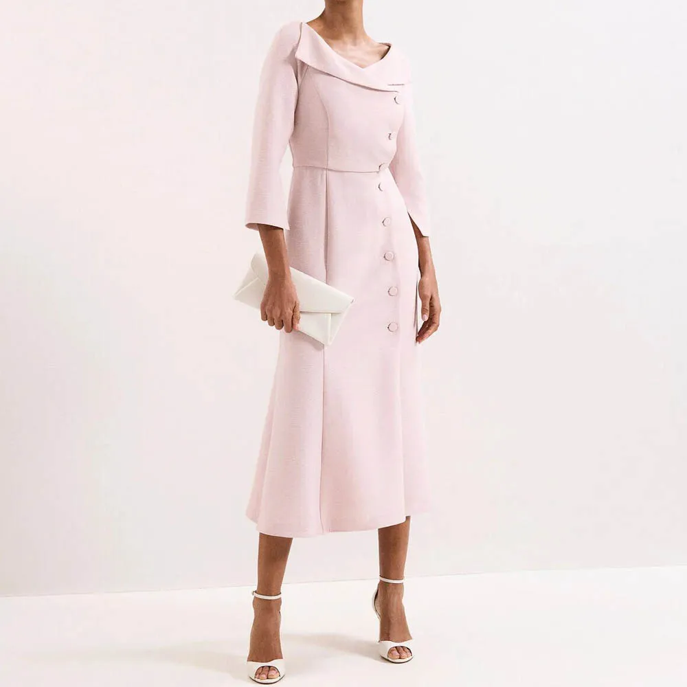 

Pink Mother of The Bride Dress Customized V Neck 3/4 Sleeves Button Tea Length Evening Dresses for Wedding Party Gown