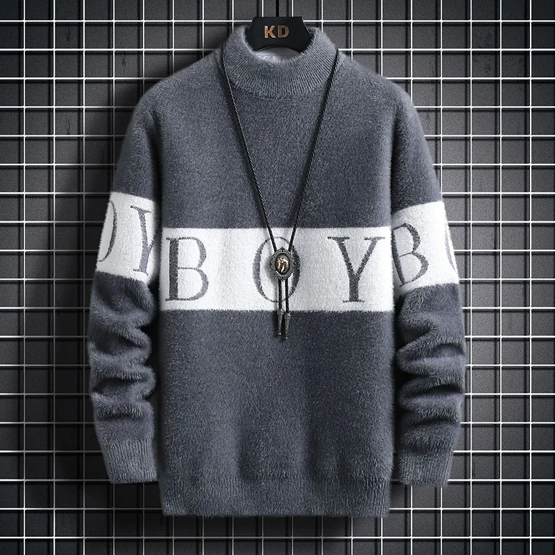 Autumn Winter Men's White Gray Mink Velvet Pullover Sweater Warm Soft Comfortable Black Blue Letter Print Inner Layer Sweater