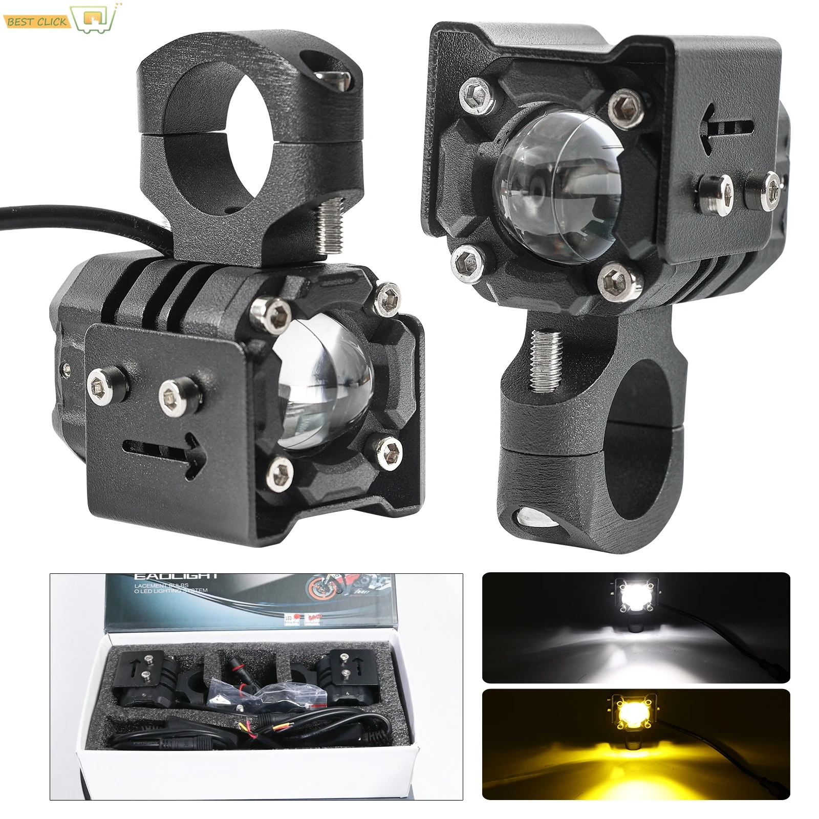 

Вспомогательные светодиодные фонари для мотоцикла, прожекторы для вождения, белые/янтарные противотуманные фары дальнего и ближнего света с монтажными кронштейнами, IP68, водонепроницаемые, 2 шт.