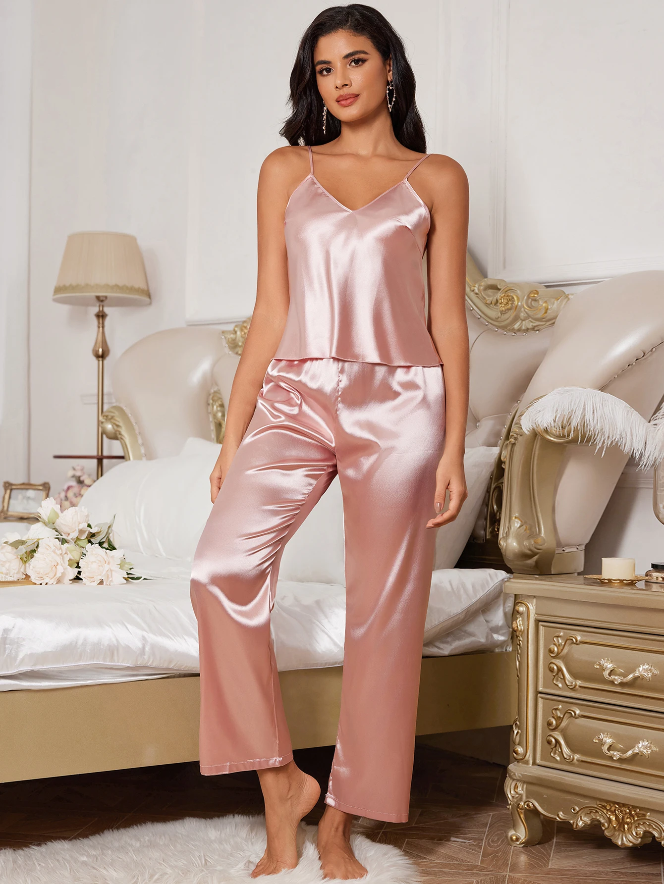 

Women's Pajama Set 2 Piece V-Neck Cami Top & Long Pants Luxury Silky Sleepwear Loungewear for Ladies
