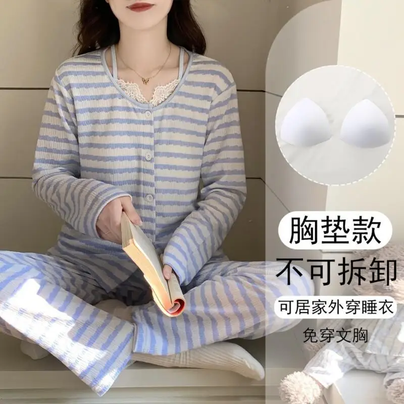 

Корейская версия, женские пижамы в полоску, весна-осень, удобная одежда для сна, новая модель, дизайн, костюм с длинными рукавами, свободная домашняя одежда