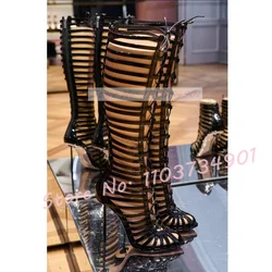 Sexy Black Gladiator Knee High Sandals Women Cross Tied Pointed Toe Thin High Heels Shoes Lady Multi Belt Buckle Hollow Sandals