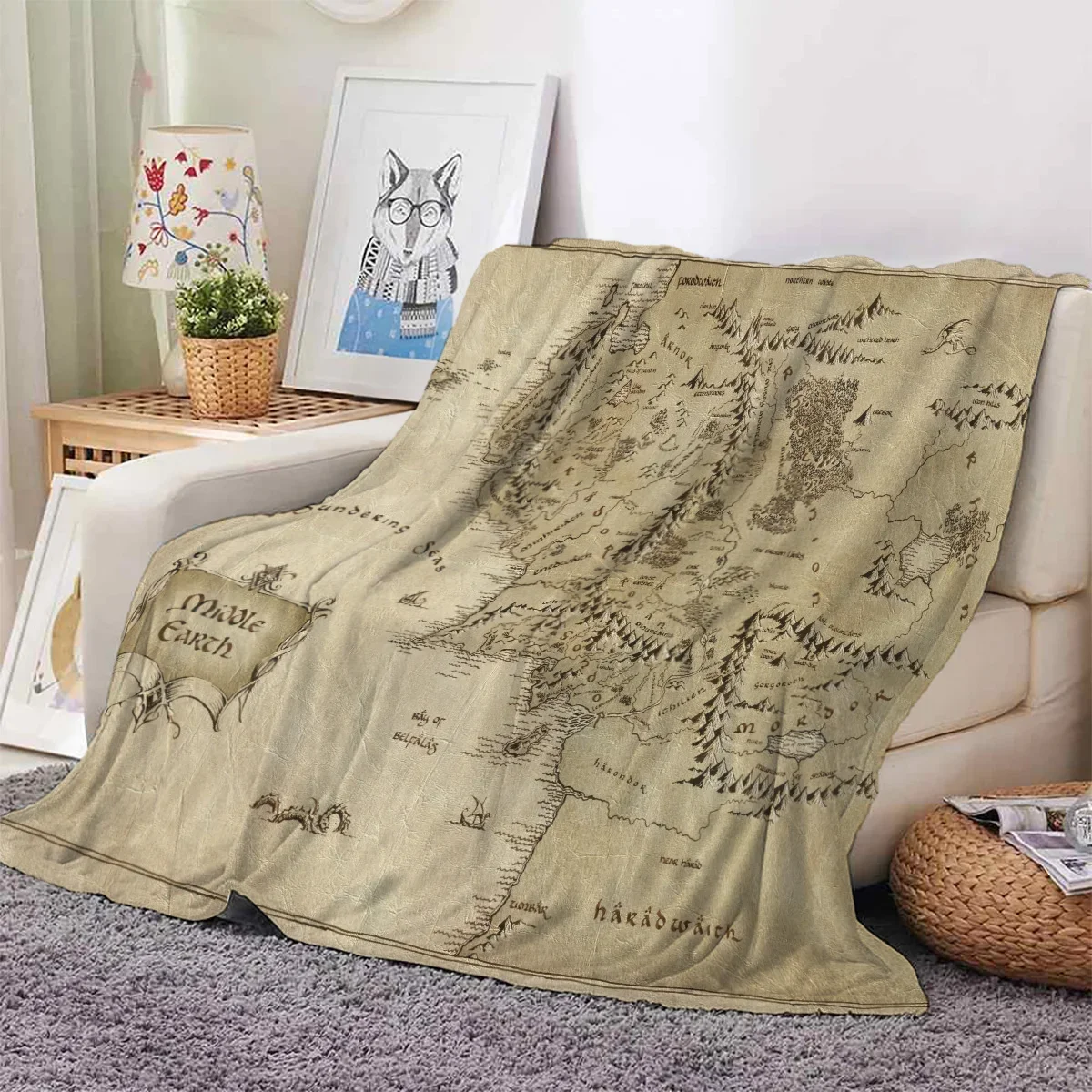 1PC MIDDLE EARTH map printing, skin -friendly, warm, soft, four seasons, family offices, family offices thicken flavor blankets