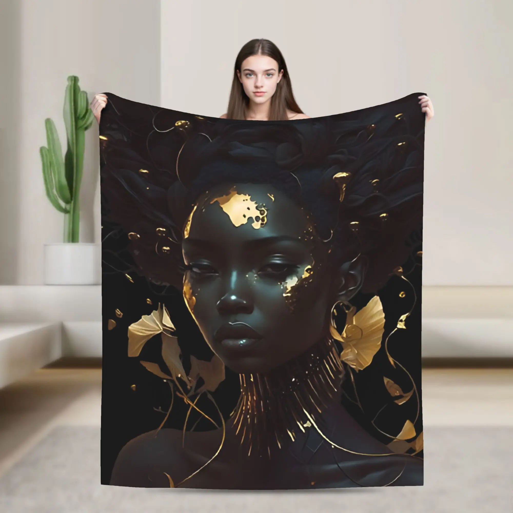 

Beautiful vantablack African Art Black And Gold Blanket Flannel Vintage Warm Throw Blankets for Bedding Lounge Summer,