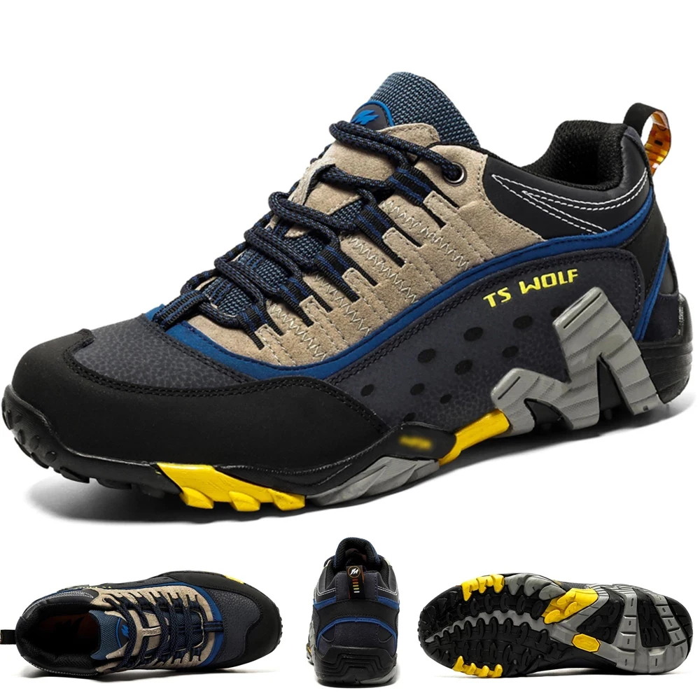 Zapatos de senderismo deportivos para hombre y mujer, zapatillas impermeables de cuero genuino para escalada de montaña, alta calidad